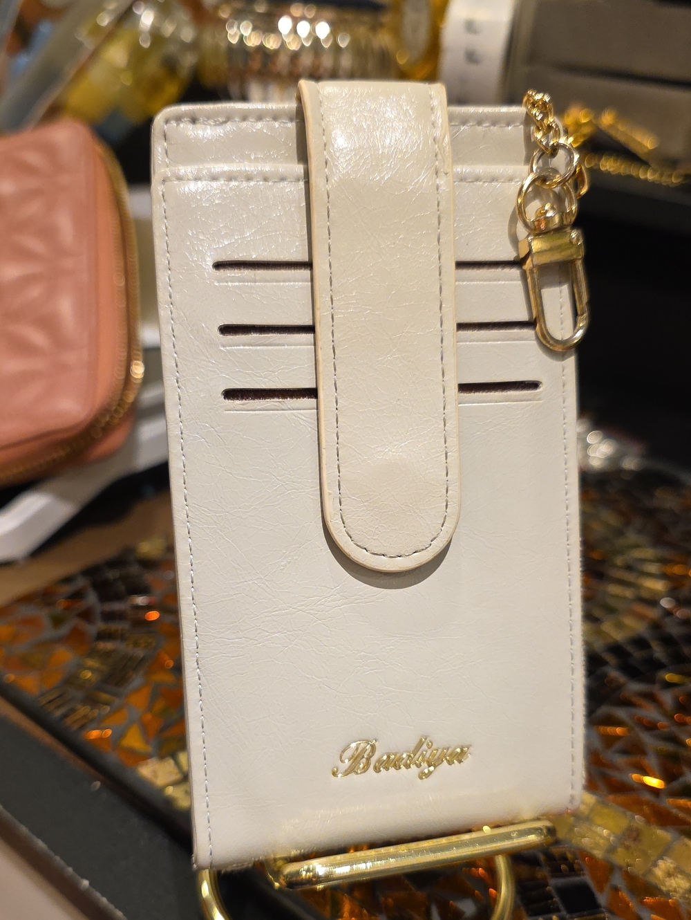 Elegant Cream Phone Wallet Case with Card Slots and Chain Strap